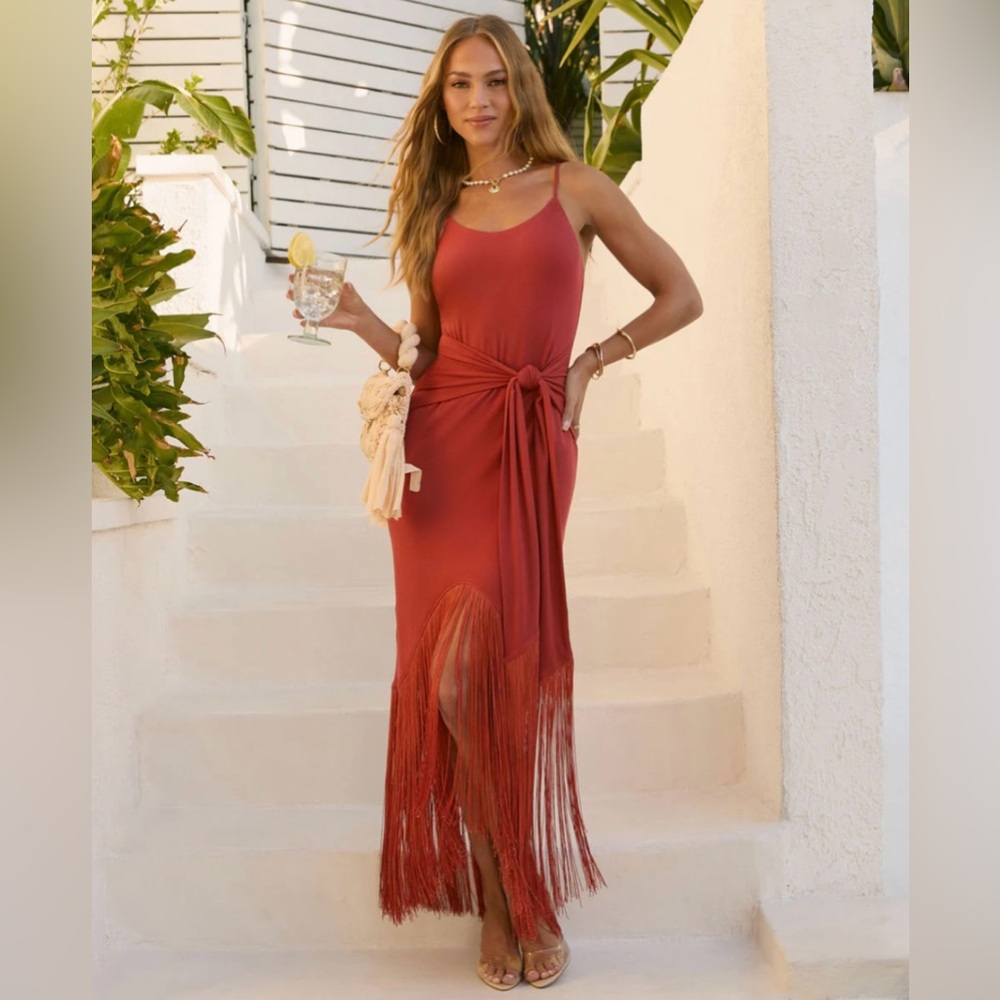 VICI Rust Front Tie Fringe Maxi Dress